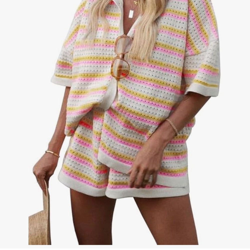 Women’s Striped Crochet Lounge Set - White with Pink & Yellow